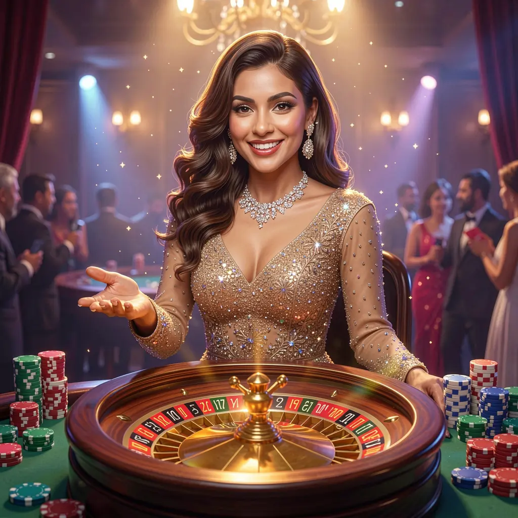 Elegant Bangladeshi casino hostess welcoming players to log in with glowing roulette wheel and stacked chips behind her at 995BDT